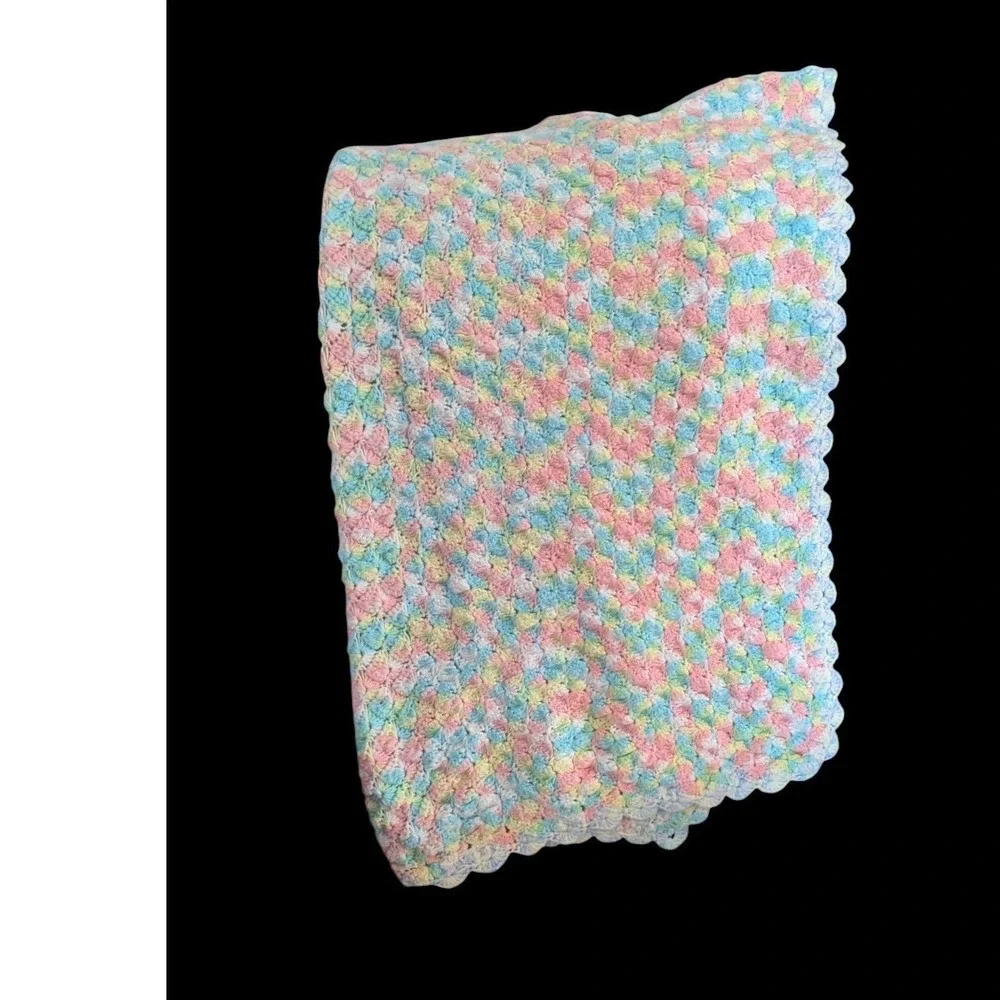 intage handmade‎ crochet pastel baby blanket pink blue green yellow 36x31 Afghan